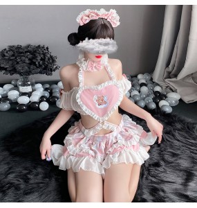 FEE ET MOI - Cute Maid Heart-Shaped Backless Dress With Stockings (Pink - White)